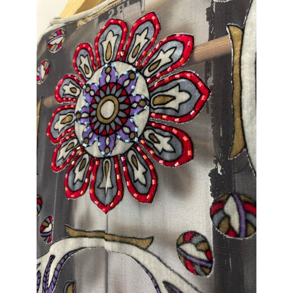 Vintage JBS Women's Sheer Fringe Kimono Shirt Black Beaded Artsy Boho Rocker - Picture 7 of 7